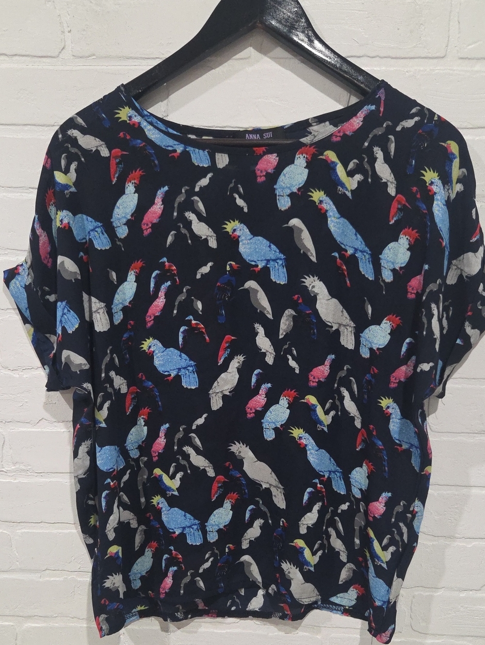 Anna Sui Navy Short-Sleeve Top with Colorful Parrot Print